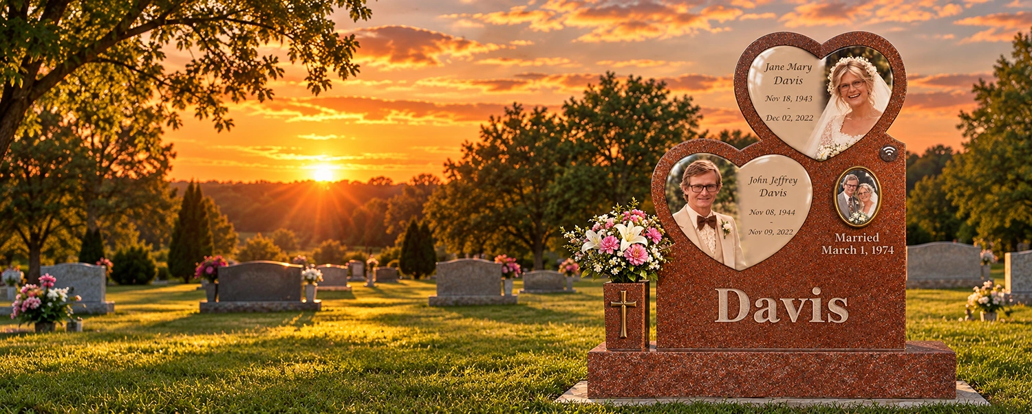 Double heart-shaped red granite Davis family monument with custom porcelain memorial portraits, set in a cemetery at sunset