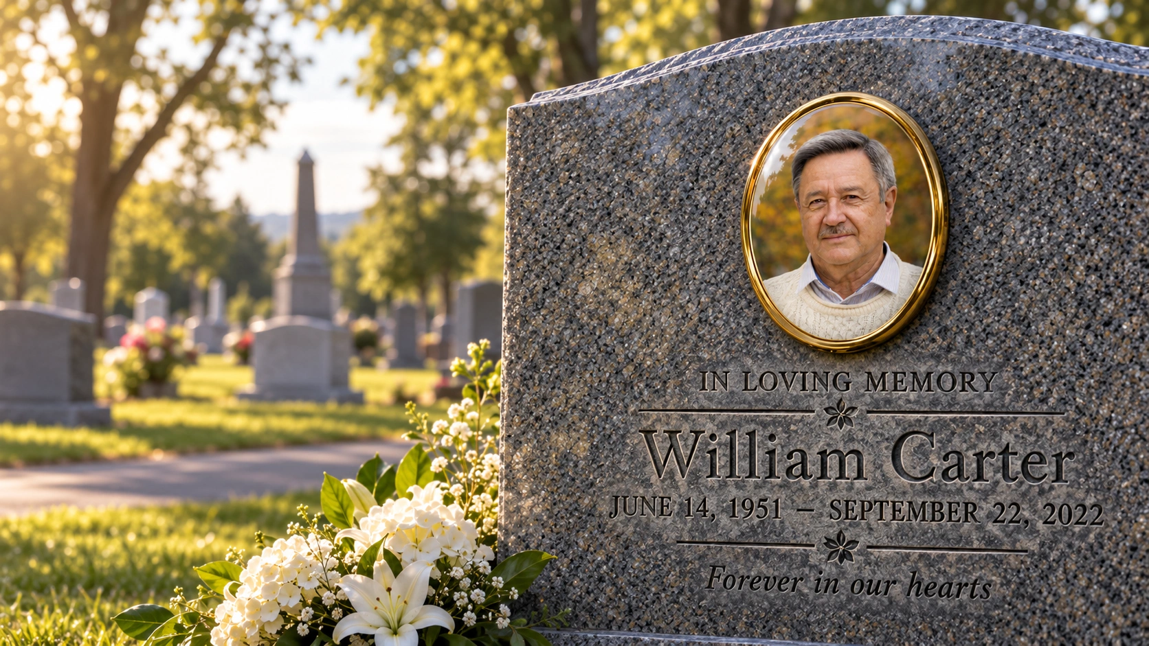 Granite headstone with an oval porcelain photo cameo and the inscription In Loving Memory