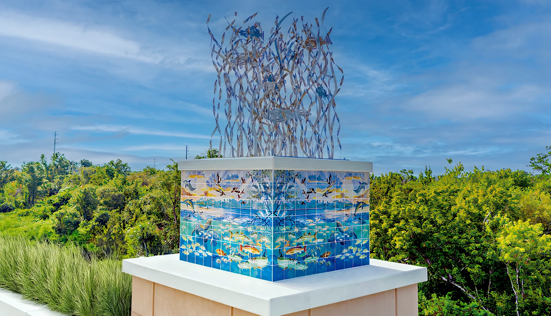 Custom porcelain mosaic tile installation on the Guy Harvey Bridge in Port St. Lucie